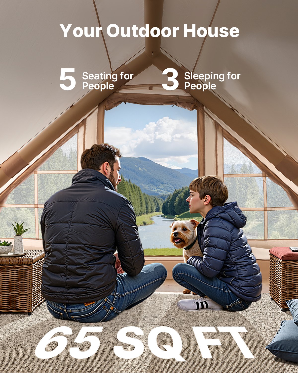 Inflatable Tents For Camping, 3-5 Person Easy Setup Blow Up Tent With Hand Pump, 300D Oxford 4 Season Glamping Tent With Stove Jack 2 Doors & 2 Mesh Windows, Storage Bag Included For Easy Taking