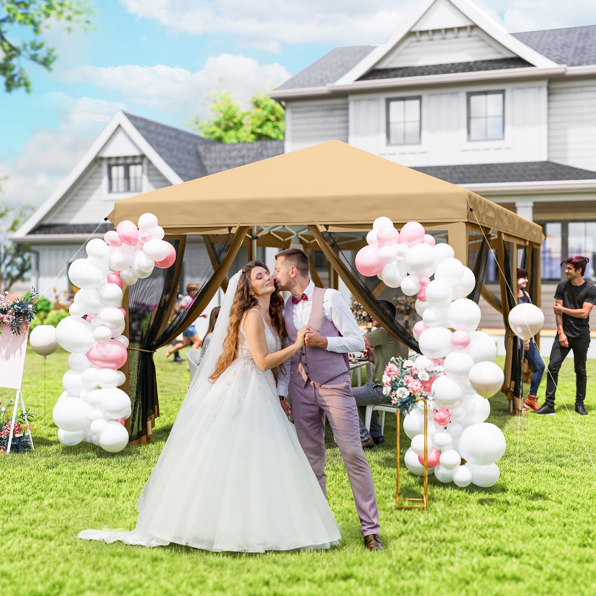 10’ x 20’ Pop Up Canopy Tent with Netting, Heavy Duty Instant Sun Shelter, Large Tents for Parties with Carry Bag for Outdoor, Garden, Patio, Beige