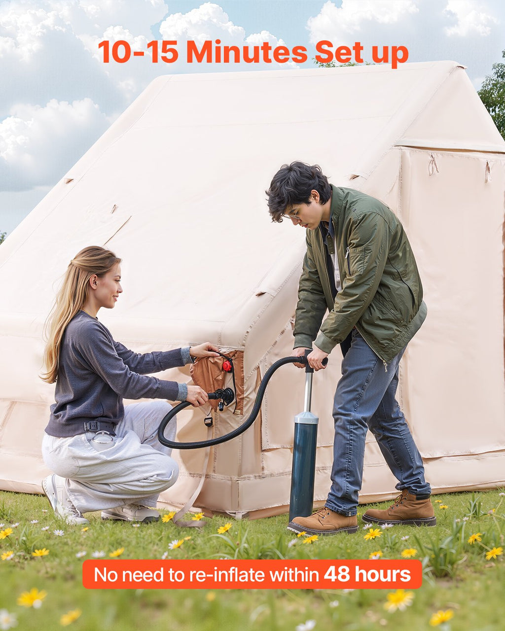 Inflatable Tents For Camping, 3-5 Person Easy Setup Blow Up Tent With Hand Pump, 300D Oxford 4 Season Glamping Tent With Stove Jack 2 Doors & 2 Mesh Windows, Storage Bag Included For Easy Taking