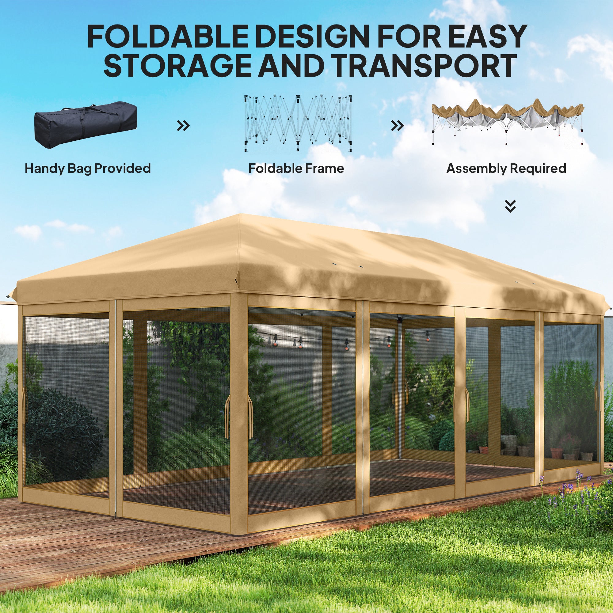 10’ x 20’ Pop Up Canopy Tent with Netting, Heavy Duty Instant Sun Shelter, Large Tents for Parties with Carry Bag for Outdoor, Garden, Patio, Beige