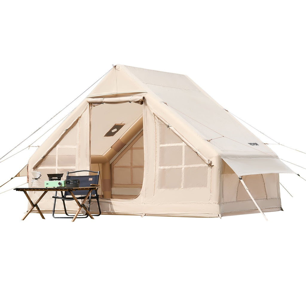 Inflatable Tents For Camping, 3-5 Person Easy Setup Blow Up Tent With Hand Pump, 300D Oxford 4 Season Glamping Tent With Stove Jack 2 Doors & 2 Mesh Windows, Storage Bag Included For Easy Taking