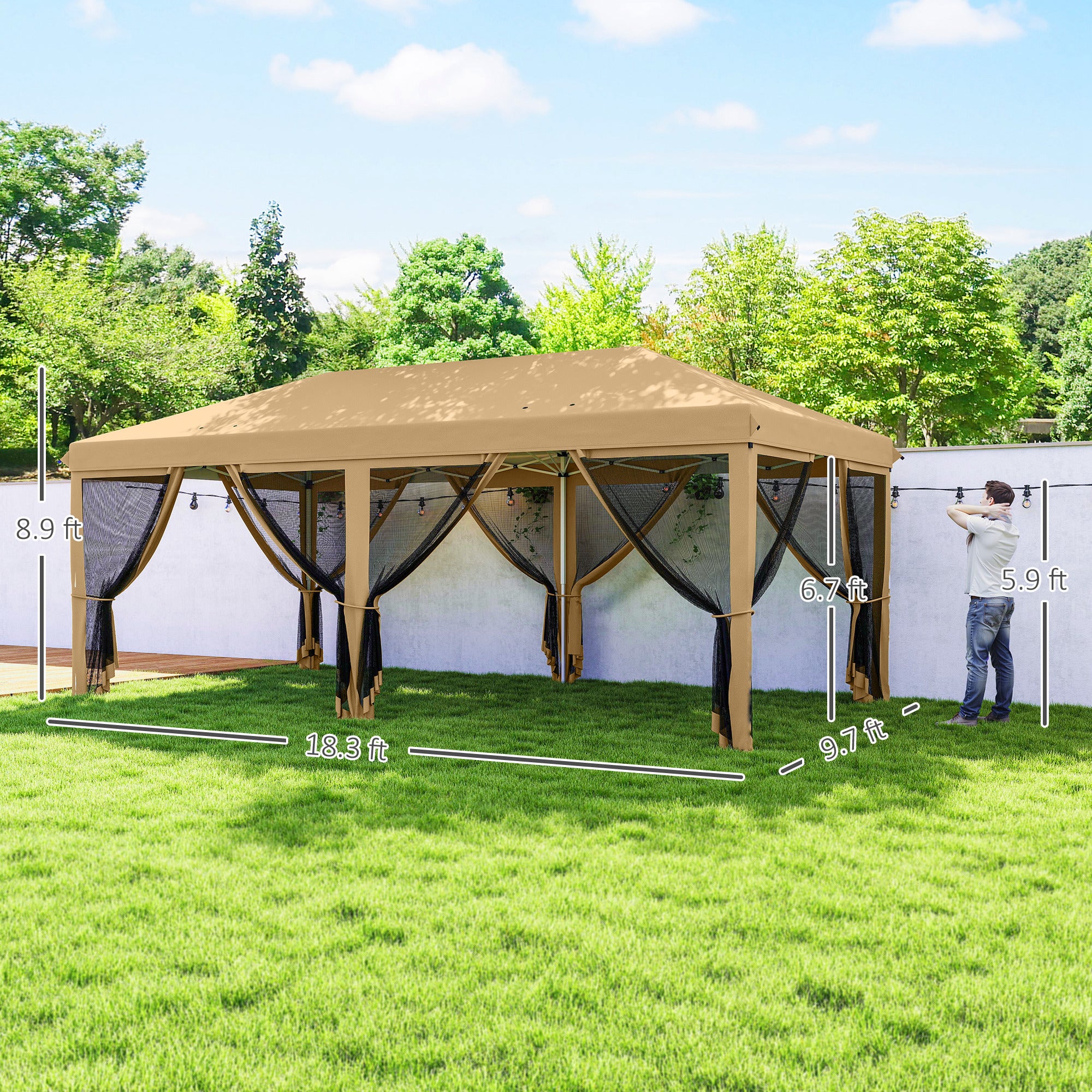 10’ x 20’ Pop Up Canopy Tent with Netting, Heavy Duty Instant Sun Shelter, Large Tents for Parties with Carry Bag for Outdoor, Garden, Patio, Beige