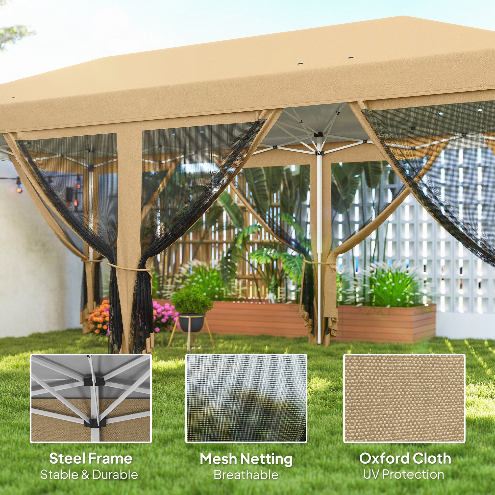10’ x 20’ Pop Up Canopy Tent with Netting, Heavy Duty Instant Sun Shelter, Large Tents for Parties with Carry Bag for Outdoor, Garden, Patio, Beige