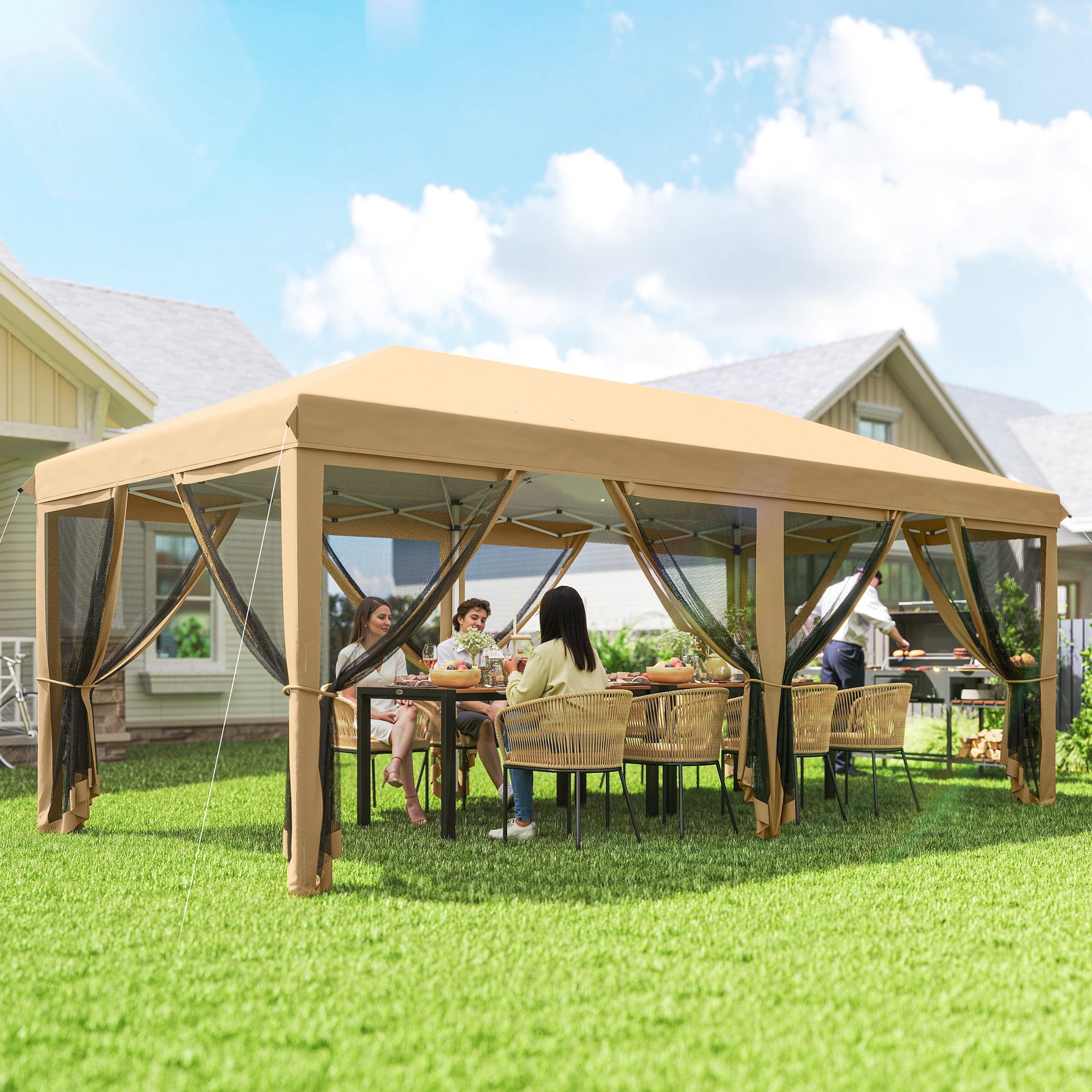 10’ x 20’ Pop Up Canopy Tent with Netting, Heavy Duty Instant Sun Shelter, Large Tents for Parties with Carry Bag for Outdoor, Garden, Patio, Beige